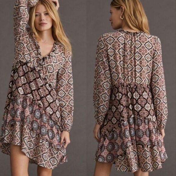 Anthropologie Women's Size M Southweatern Boho Ruffle Tiered Mini Dress Pullover - Picture 4 of 14